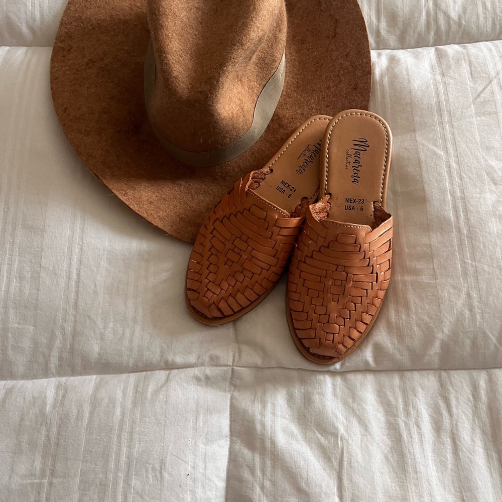 Women’s Tan Woven Mules with Suede Texture